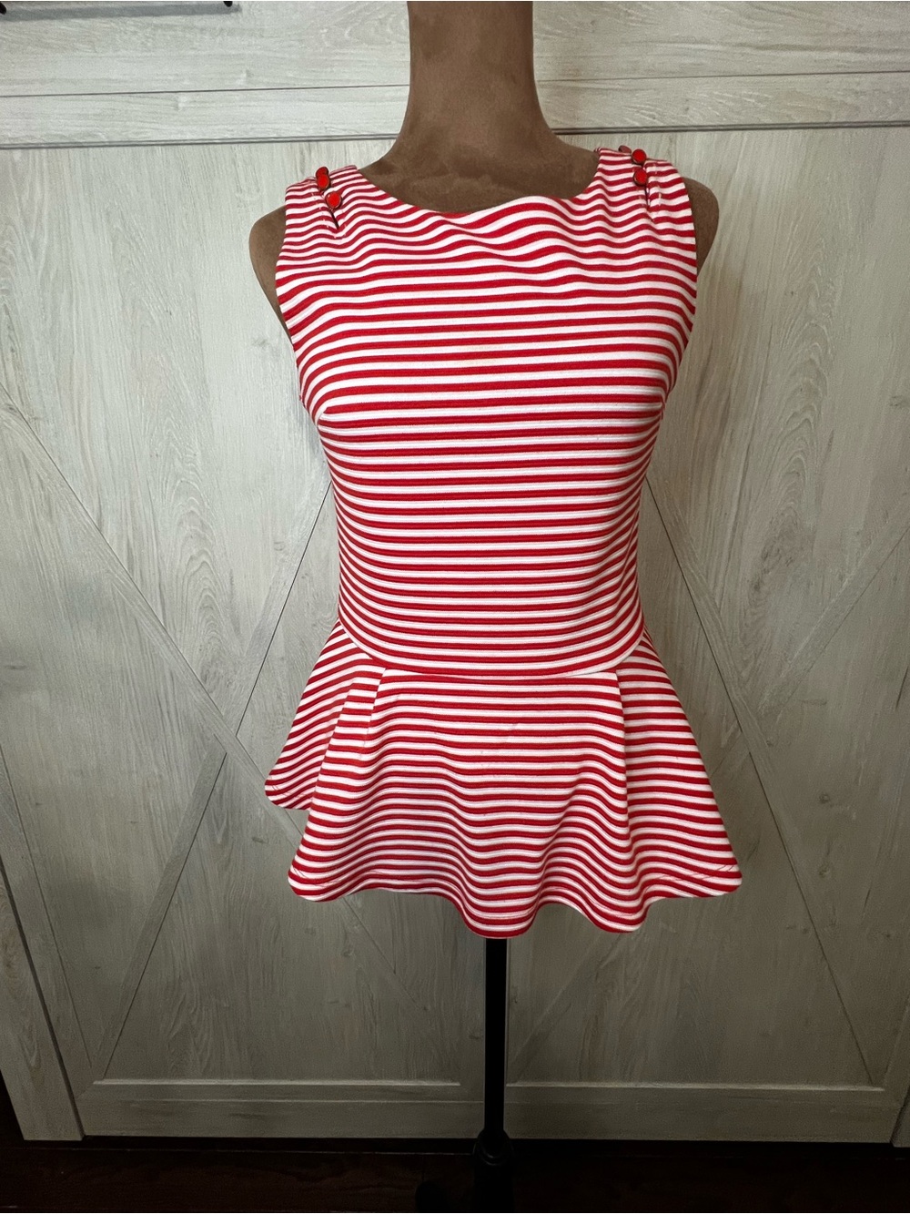 Sleeveless Red and White Striped Peplum Dress size XS Anthropologie postmark
